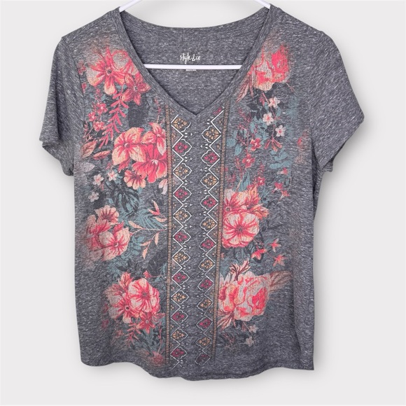 Style & Co. Short Sleeve Tee Shirt Heather Grey Medium Floral - Picture 2 of 11